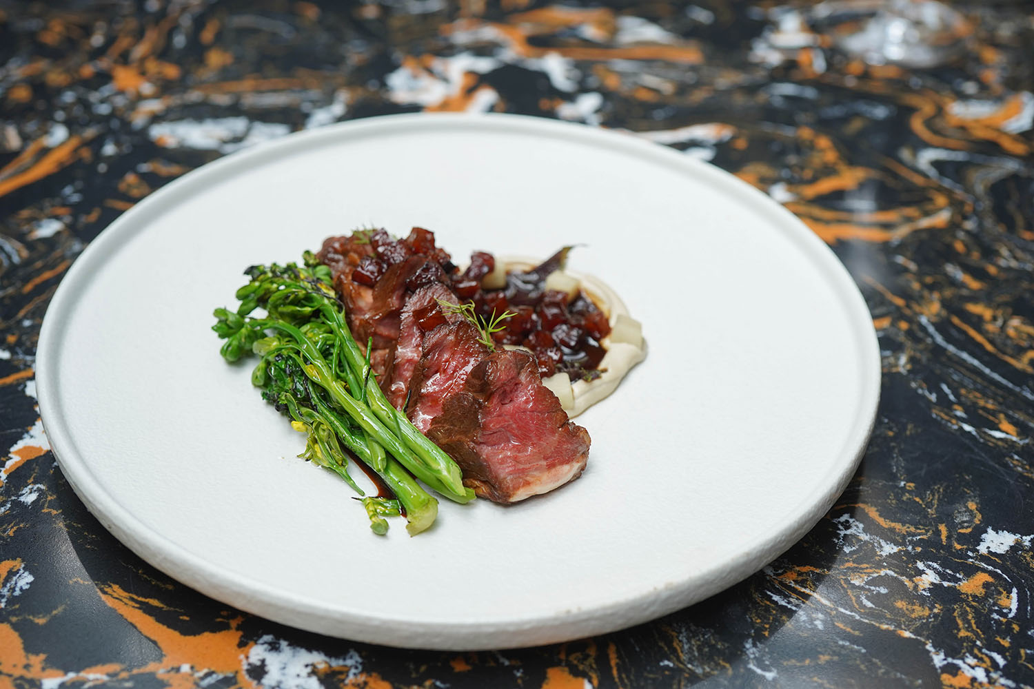 AUSTRALIAN LAMB RUMP WITH LAP CHONG SAUCE AND CHEST NUT PUREE